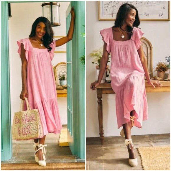 NWT Ophelia & Indigo Flora Dress in pink M medium midi flutter sleeve cotton - Picture 2 of 9